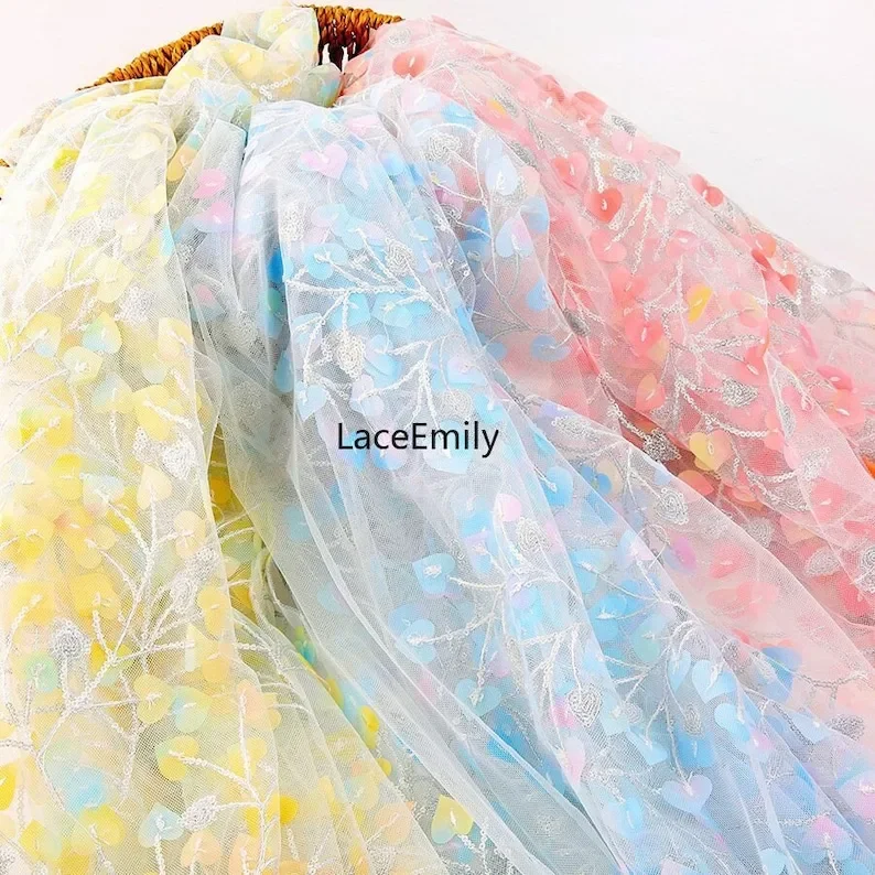 

Gradient 3D love Heart Sequin Embroidered Lace Fabric Rainbow Gradient Chiffon Heart Tulle Baby Dress, Gown, Prom Dress