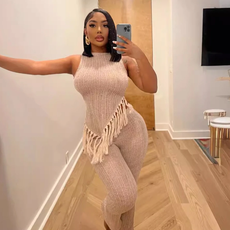 

Pant Set Women Two Piece Sets Matching Sets Sleeveless Y2k Tassels Casual Vest Tops Pants High Waist Jogger Elegant Tracksuit