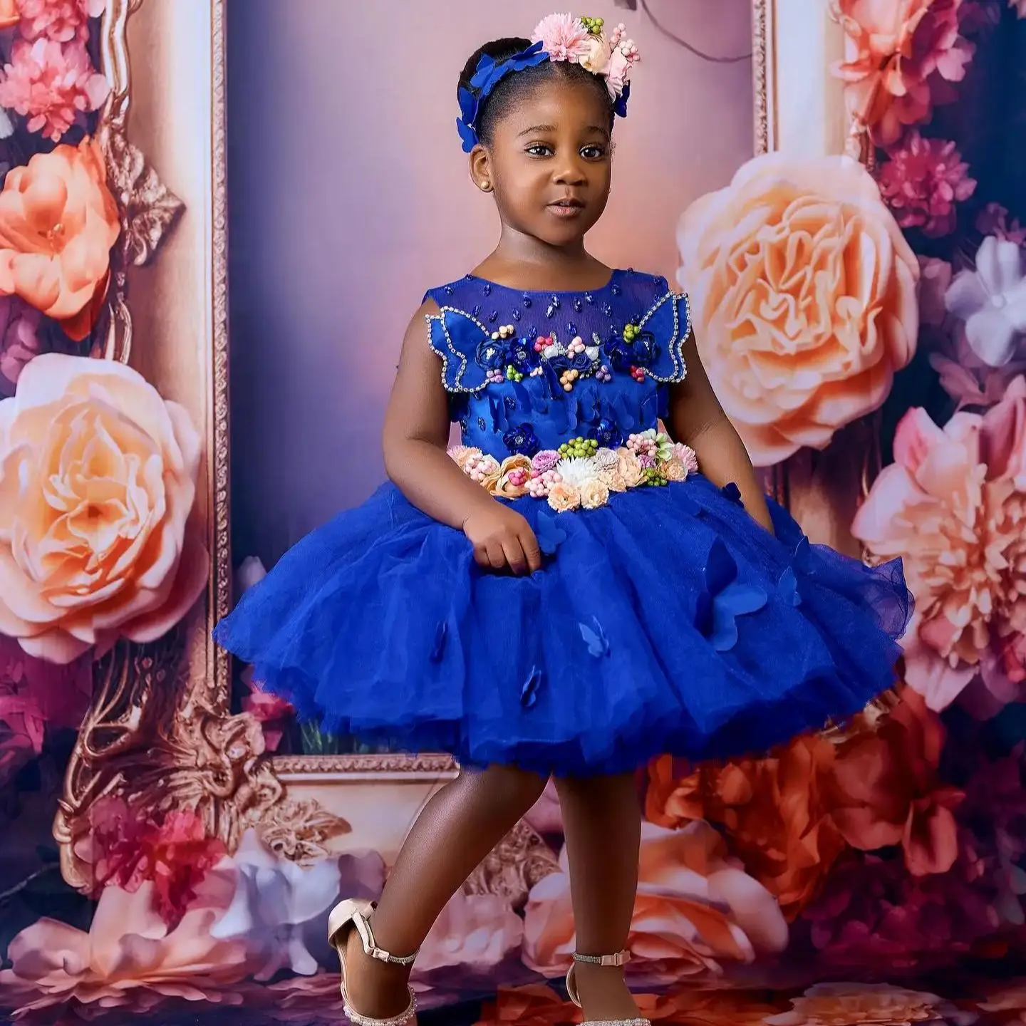 Robe de demoiselle d'honneur bleu royal pour mariage, robe de princesse florale 3D faite à la main, Saint Boho, robe de première communion d'anniversaire pour bébés filles