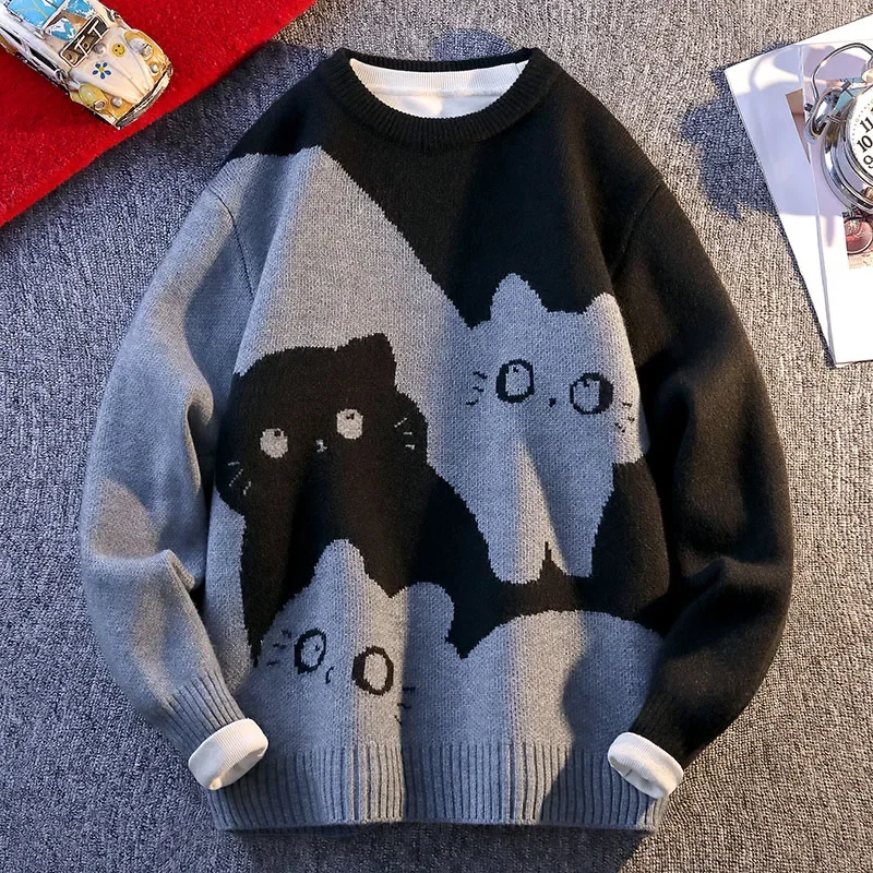 

Cartoon Cat's New Knitted Sweater 2025 Men's Autumn/Winter Warm Knitted Sweater Men's Pullover Home Clothes
