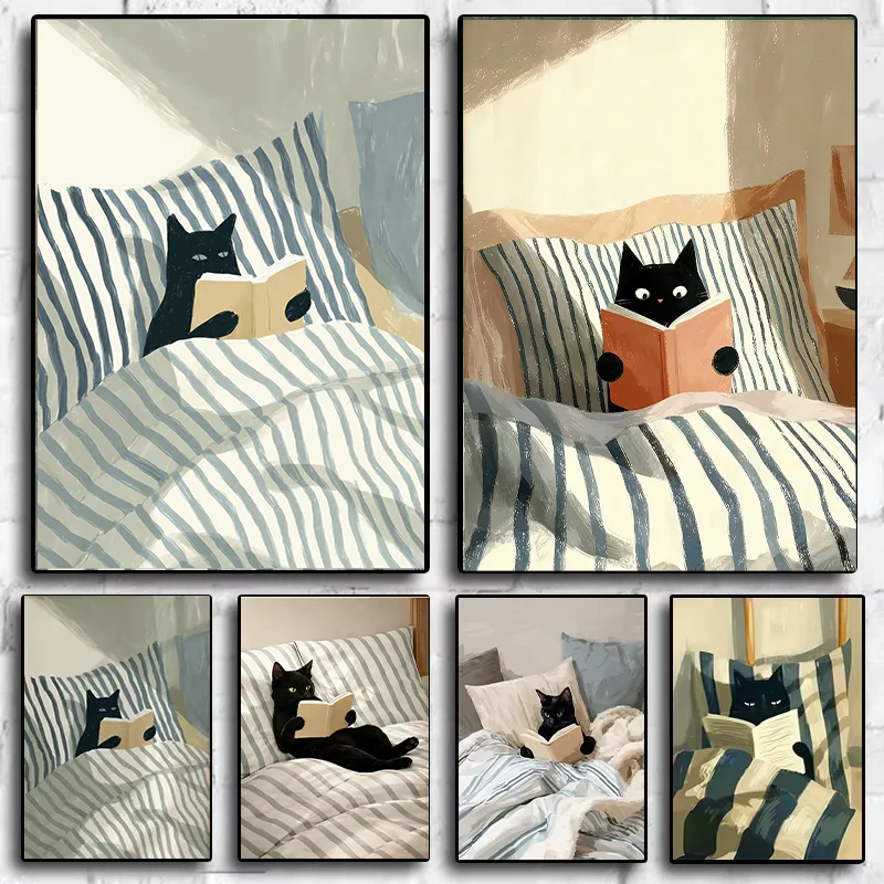 Impresión de lectura de gatos – Arte de pared de gato negro, acogedor cartel de dormitorio, ilustración de gato amante de los libros, impresión de gato en la cama, decoración de lectura, gato B