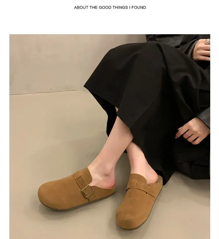 Damen-Wildleder-Pantoletten mit geschlossener Zehenpartie, verstellbare Schnalle, flache Clogs zum Überziehen, Retro-Freizeit-Outdoor-Schuhe ohne Rücken. – Detail 8