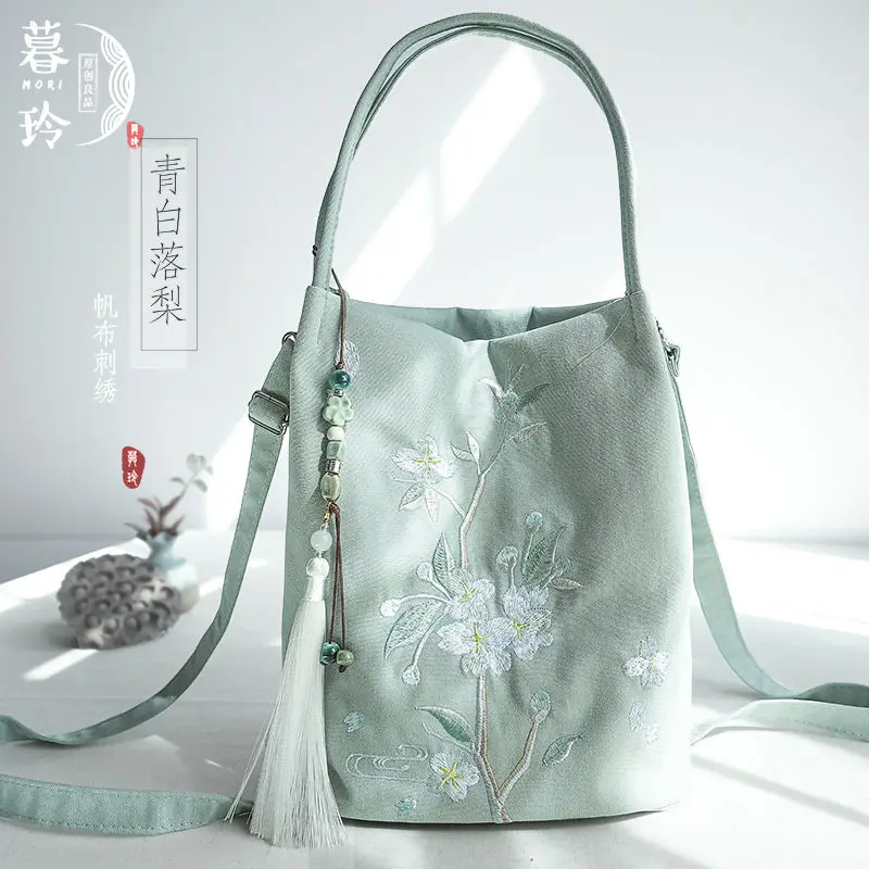 Chinese Style Retro Artistic Ancient Style Han Dynasty Embroidery Zipper Canvas Hand-Held Crossbody Bucket Bag Woman