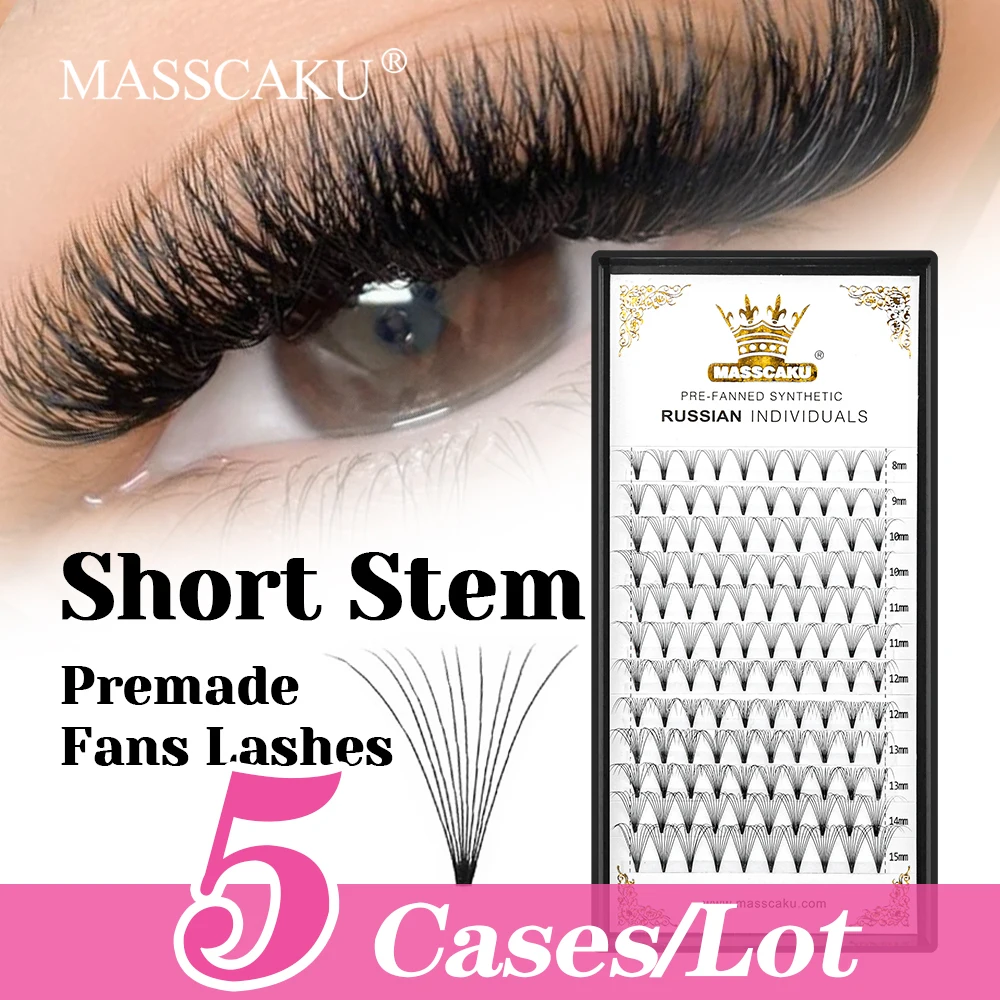 

5cases/lot MASSCAKU Wholesale All Size Synthetic Mink Thin Root Short Stem Eyelash 0.07/0.10mm Thickness Premade Fans Lash Trays