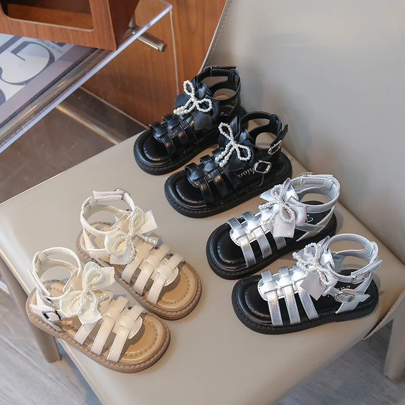 Girls Roman Sandals Hollow Out Children Pearls Princess Dress Sandals with Bow-knot Soft Sole Kids Summer Beach Shoes Sweet