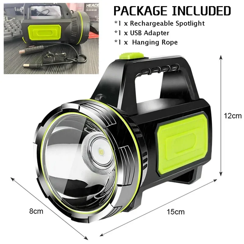 LED Strong Searchlight Flashlight Portable Hand Lamp Rechargeable 2 Lighting Modes Emergency Hiking Camping Energe Saving Torch