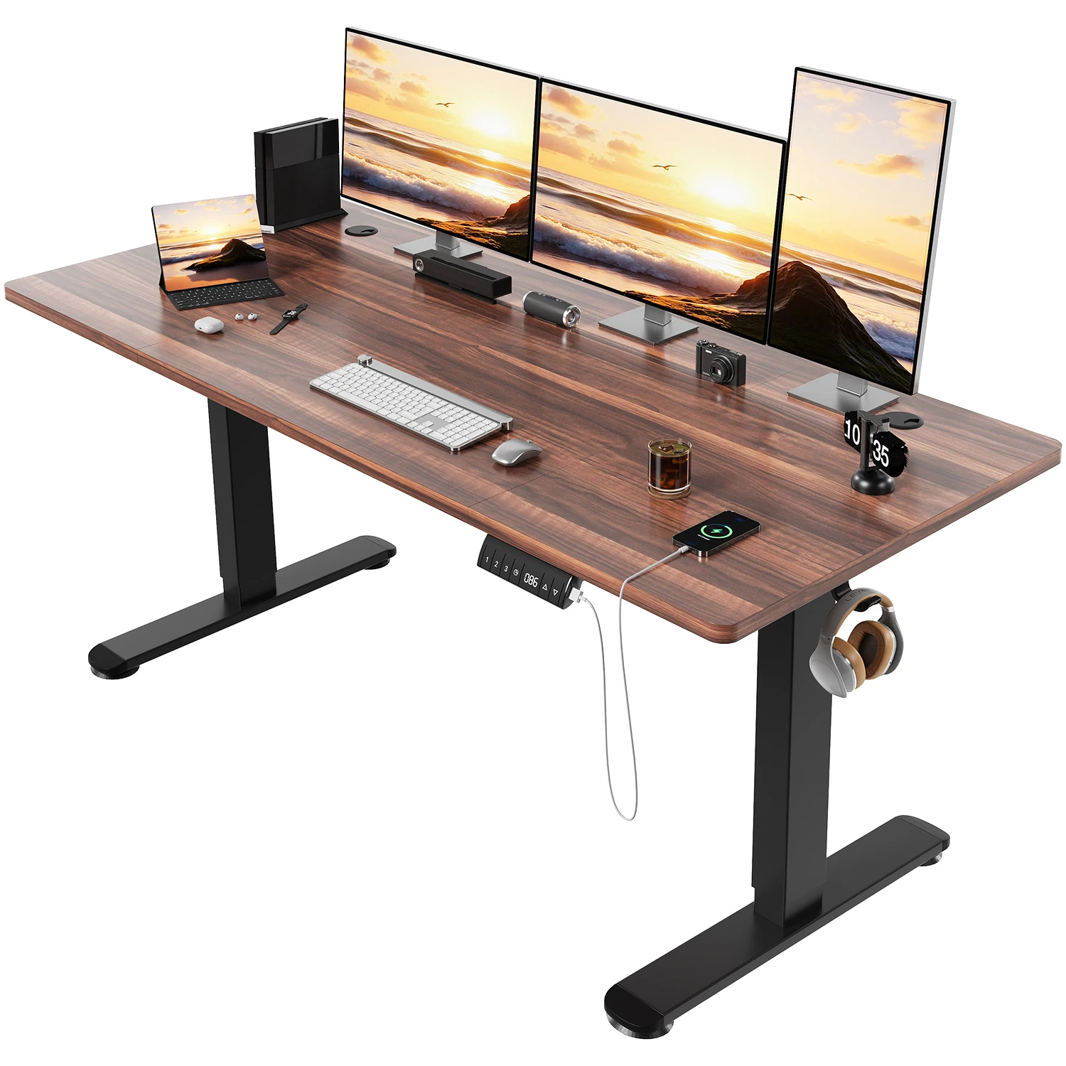 Devoko Bureau électrique réglable en hauteur 160x80 cm Commande manuelle à 3 memories avec USB