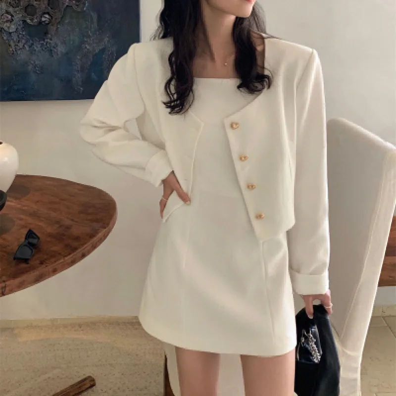 Women Blazer Dress Suit 2pcs Korean Fashion Simple Y2k Simple Long Sleeve Jacket Coats Tank Wide Straps Mini Dress Set 4 Colors