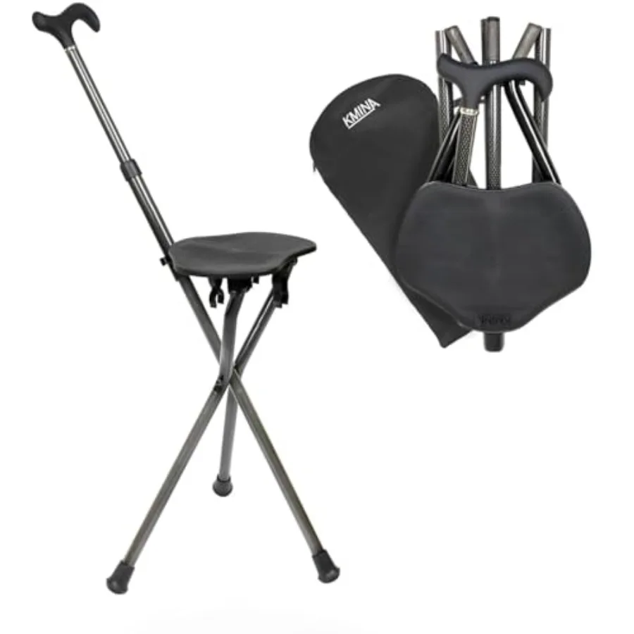 

KMINA Cane with Seat Folding Lightweight Carbon Fiber Height Adjustable Cane Chair for Woman and Men Black PRO Model