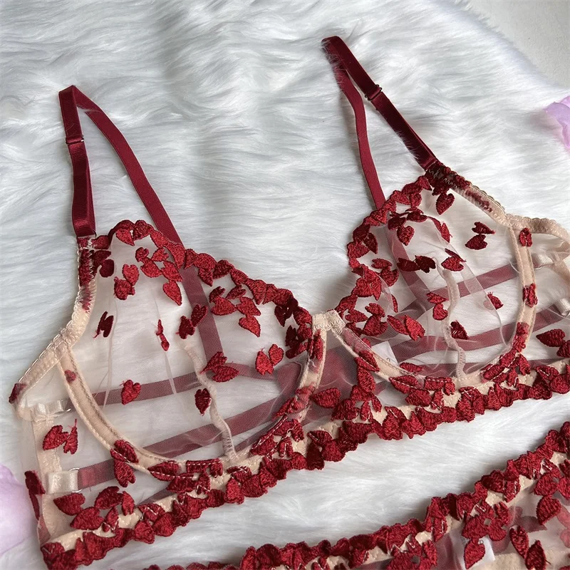 Aduloty Women Sexy Underwear Heart-shaped Embroidery Splicing Strap Erotic Lingerie Summer Thin Mesh Perspective Bra Set