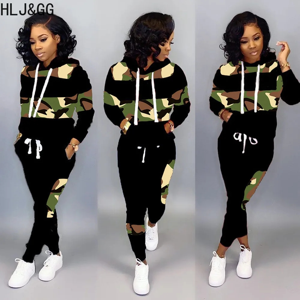 

HLJ&GG Fall Winter Camouflage Printing Patchwork Tracksuits Women Long Sleeve Hooded Sweatshirts And Jogger Pants Two Piece Sets