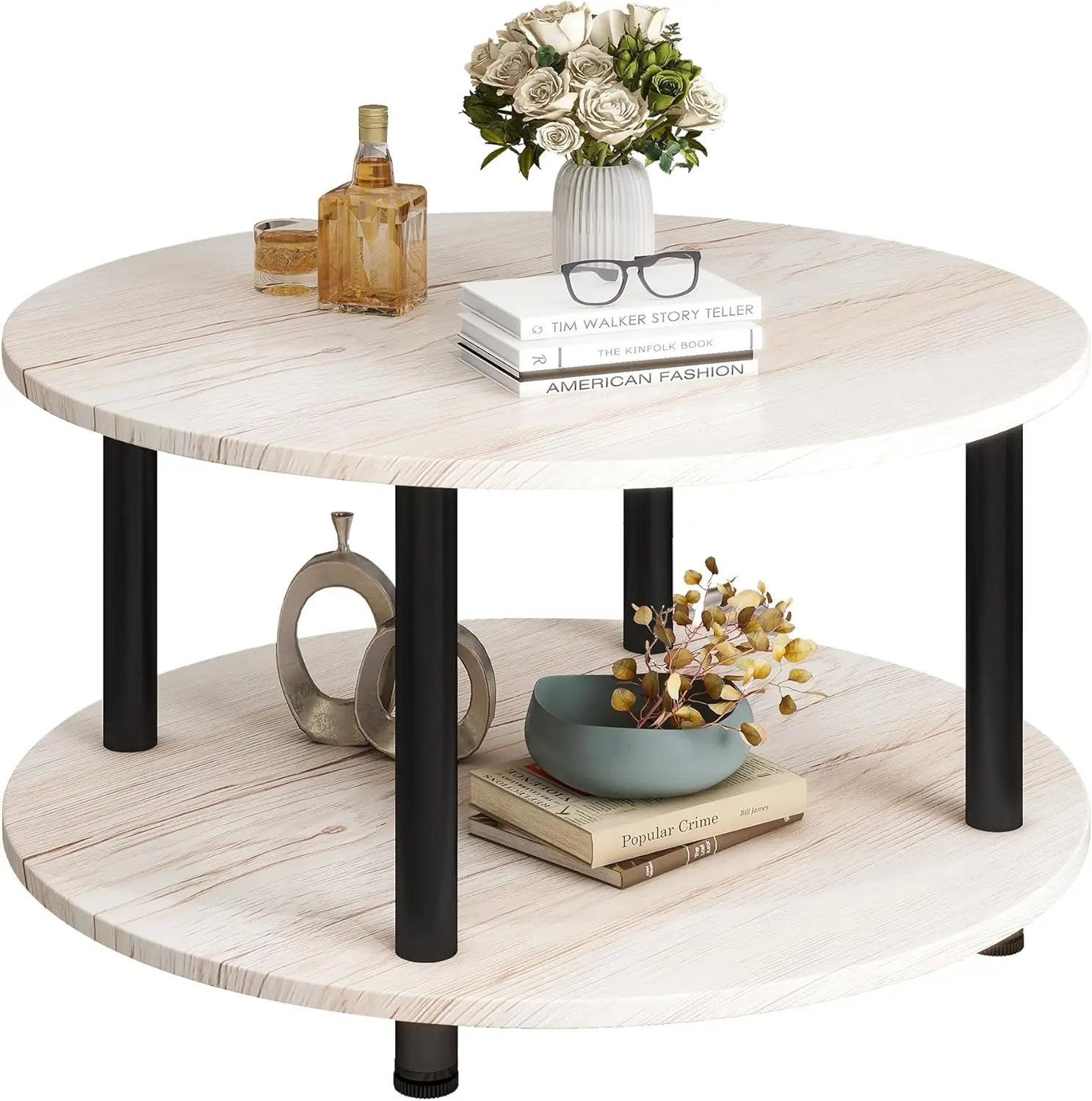 

23.6 Round Coffee Table, 2-Tier Small Circle Coffee Table with Storage, Modern Center Accent Table with Metal Frame, Side Table