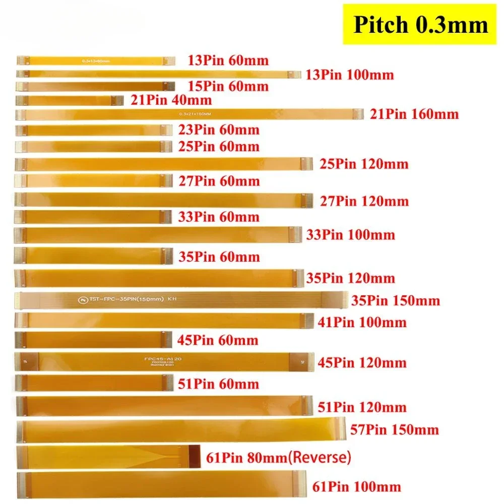 Gold Plated 0.3mm Pitch Flexible Flat Cable FFC FPC Ribbon Cable Various Pin Options 13 21 23 25 27 33 39 45 51 for Electronics