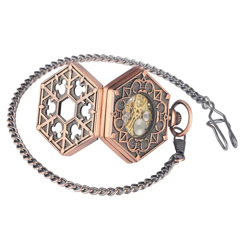 Antique Red Copper Hexagone Shape Unisex Handwinding Mechanical Pocket Watch Skeleton Clock with Pendant Chain Roman Number Dial