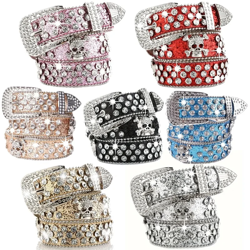 Skull Rivet Rhinestone Belt for Men and Women Western Cowboy Cowgirl Belts Y2K Bling PU Leather Belt With Diamonds for Jeans