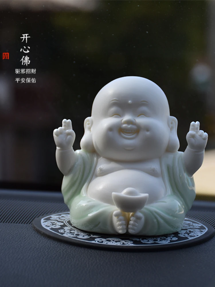 Ceramic Creative Cute Lucky Car Decoration Car Accessories Car Personality High-End Smiling Buddha Buddha Statue