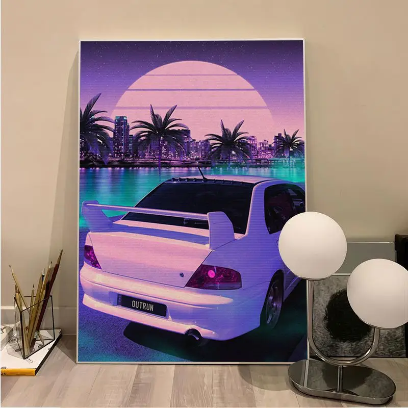 Tokyo Street Racing Synthwave Neon 80S Anime Posters Kraft Paper Prints and Posters Stickers Wall Painting