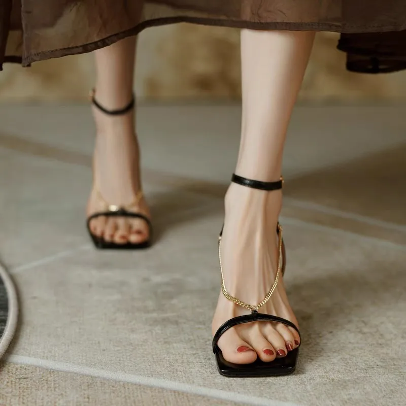 New Summer Fashion Square Toe Women's Sandals Luxurious Metal Chain Designer Sandals 2026 Comfortable Evening Women's High Heels view 4