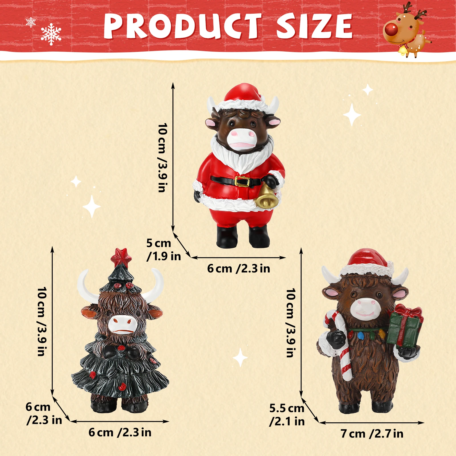 3 個のハイランド牛の置物スコットランドのクリスマスツリーの装飾牛キルト付きサンタ帽子スコットランドのお土産ホリデーホームデコレーション