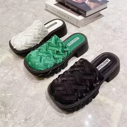 Half Slippers Spring Summer New Slippers 3CM Thick Soles High Head Women Baotou Wave Green Slides Women Home Outer Wear Shoes