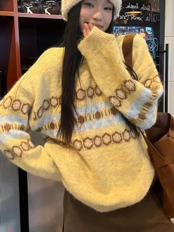 

Женский вязаный шерстяной свитер на осень-зиму, новый, в полоску, пушистый, в корейском стиле, свободный крой, большие размеры, теплый, с цветными блоками, базовая модель