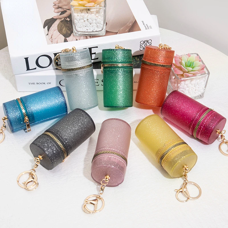 New Cylindrical Mini Lipstick Bag Candy Color Fine Glitter Zipper Coin Bag with Keychain Portable Lip Gloss Organizer Pouch