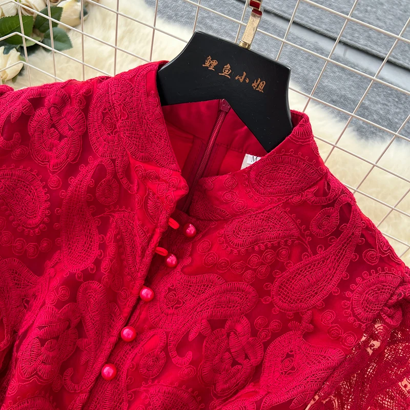 Spring Autumn High End Elegant Birthday Party Women's Dress New French Hook Flower Single Breasted Slim Lace Long Dress S89