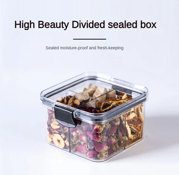 Square 4 Compartments Food Sealed Jars Plastic Transparent Dried Scented Tea Storage Box Stackable Multigrain Storage Containers