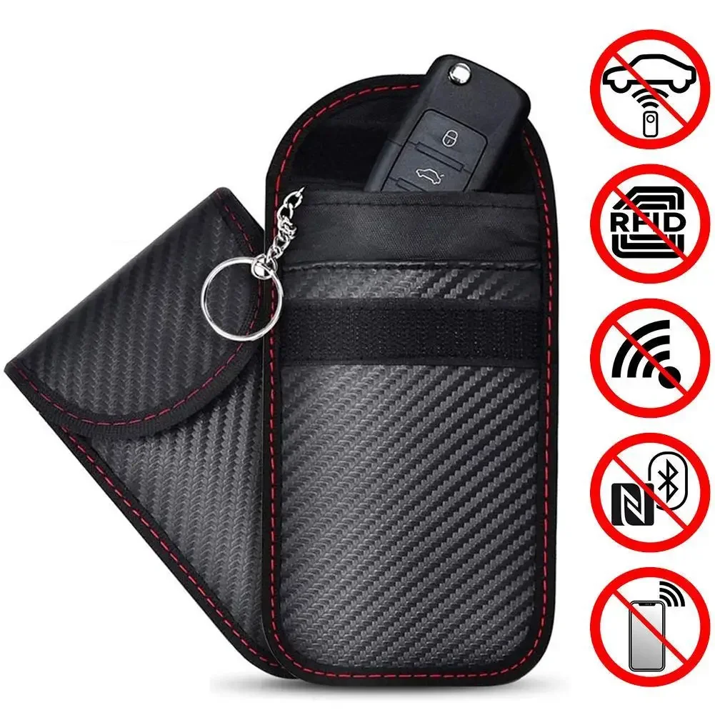 Double-layer RFID Blocking Carbon Fiber Car Key Protector Pouch, Anti-theft Key Bag Accessory for Automobile Vehicle Smart Keys