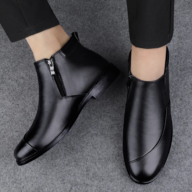 Men\'s Winter Genuine Leather Boots Formal Business Social Office Dating Party Shoes Comfort Plush Insulation Durable Ankle Boots