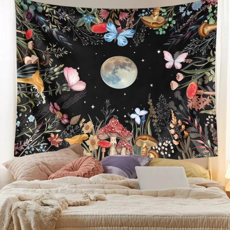 

1pc Moonlight garden tapestry, moon flower tapestry, colorful plant tapestry Home Living Room Bedroom Decoration 180X320CM