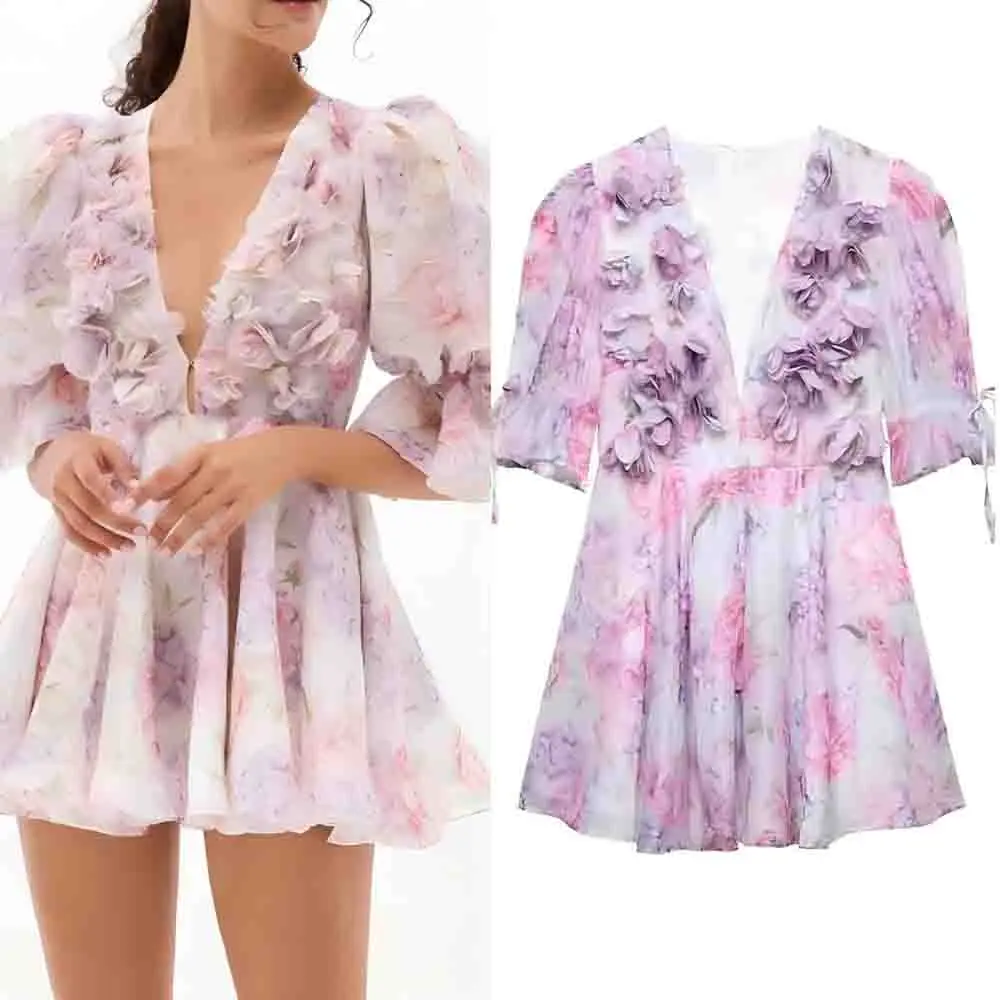 

Women's 2025 new fashion decal decoration slim V-neck chiffon printed mini dress retro short sleeved lace up women's dress