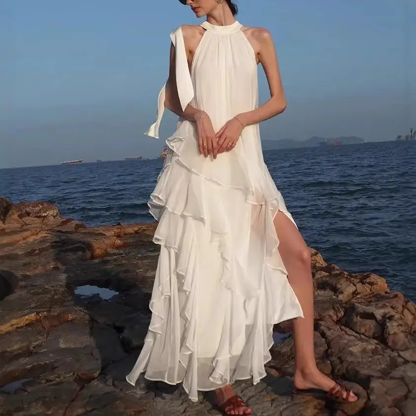 

Ele Fairy-Like пляжная юбка с открытыми плечами и тяжелой кружевной юбкой с цветочной вышивкой, повседневная праздничная одежда, юбка-платье для женщин