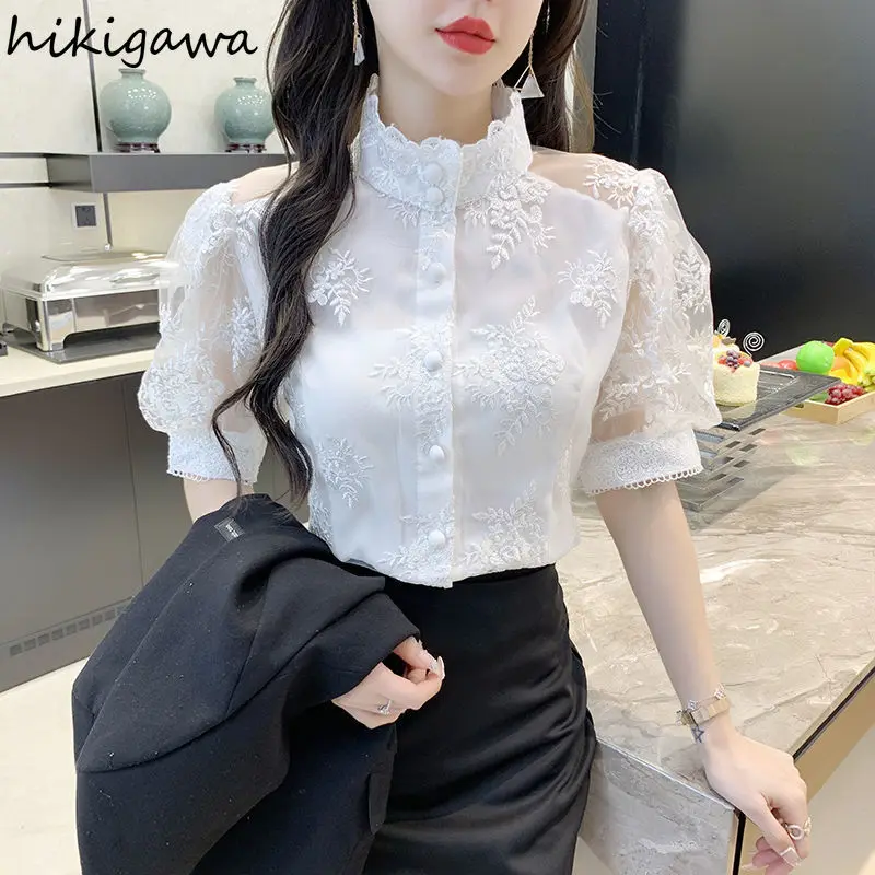 Summer Women Blouses 2024 Camisas De Mujer Stand Neck Puff Sleeve Temperament Tops Chiffon Embroidery Loose Vintage Blouse Shirt