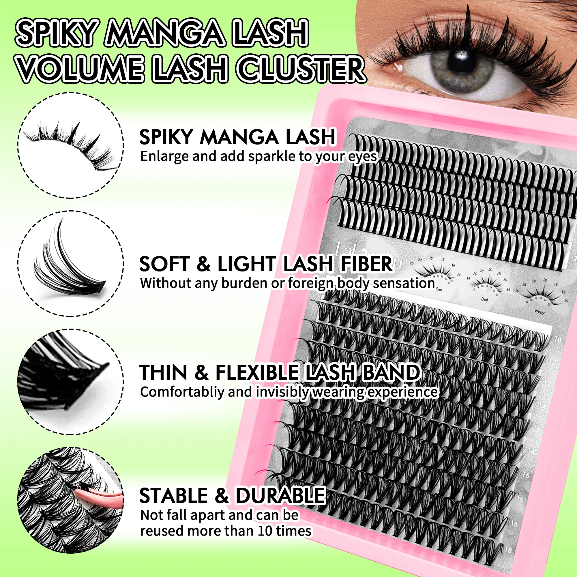 LAKANAKU Faux Cils Volumen Russe ciglia finte ciuffetti Manga-Wimpern Cluster flauschige Cluster-Wimpern wispy mit Spikes und Unterteilen