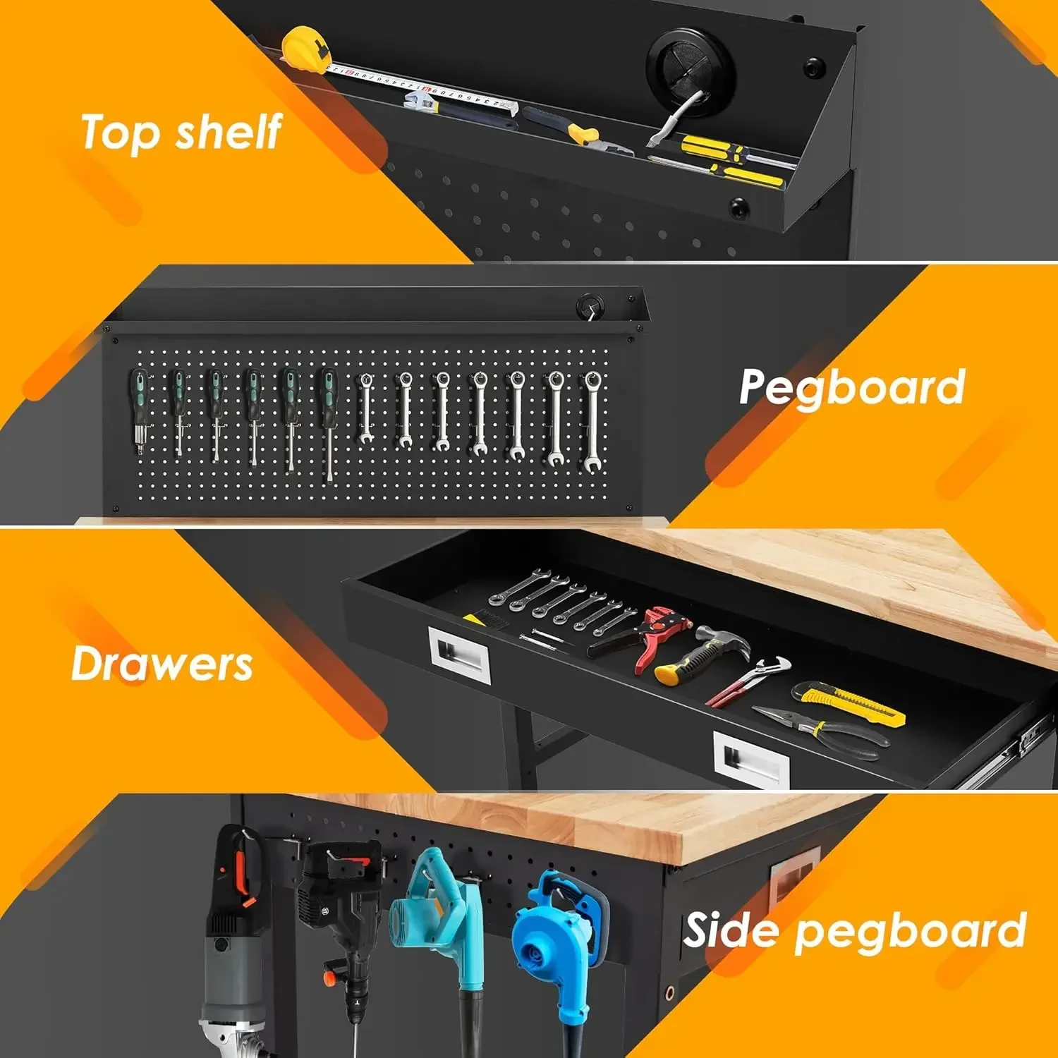 Bancada de trabalho com armazenamento, bancada de mesa de madeira dura com estrutura de metal para garagem com gavetas, capacidade de peso de 2.000 libras 49,5"-61" Adj