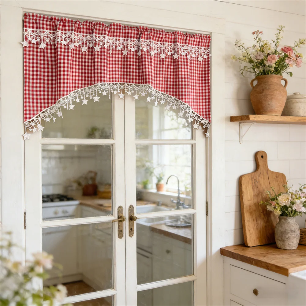 

Винтажная занавеска в стиле фермерского дома с клетчатым узором и кружевной отделкой, полупрозрачная, для кухни, окна, двери, гостиной, с креплением на штангу