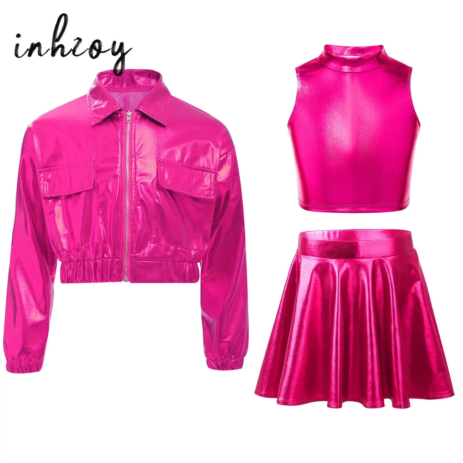 

Kids Girls Hip Hop Dance Outfit Holography Metallic Turn-Down Collar Long Sleeve Jacket Coat+Tank Crop Tops+Skirt Streetwear