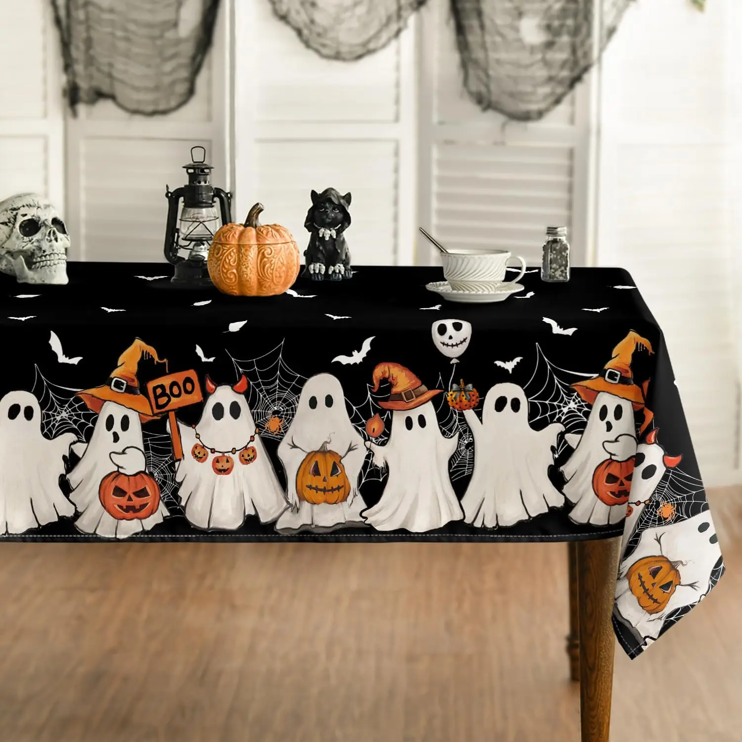 Halloween Bat Ghost Pumpkin Cobweb Rectangle Tablecloth for Table Decor Reusable Kitchen Dining Table Cloth Halloween Decoration