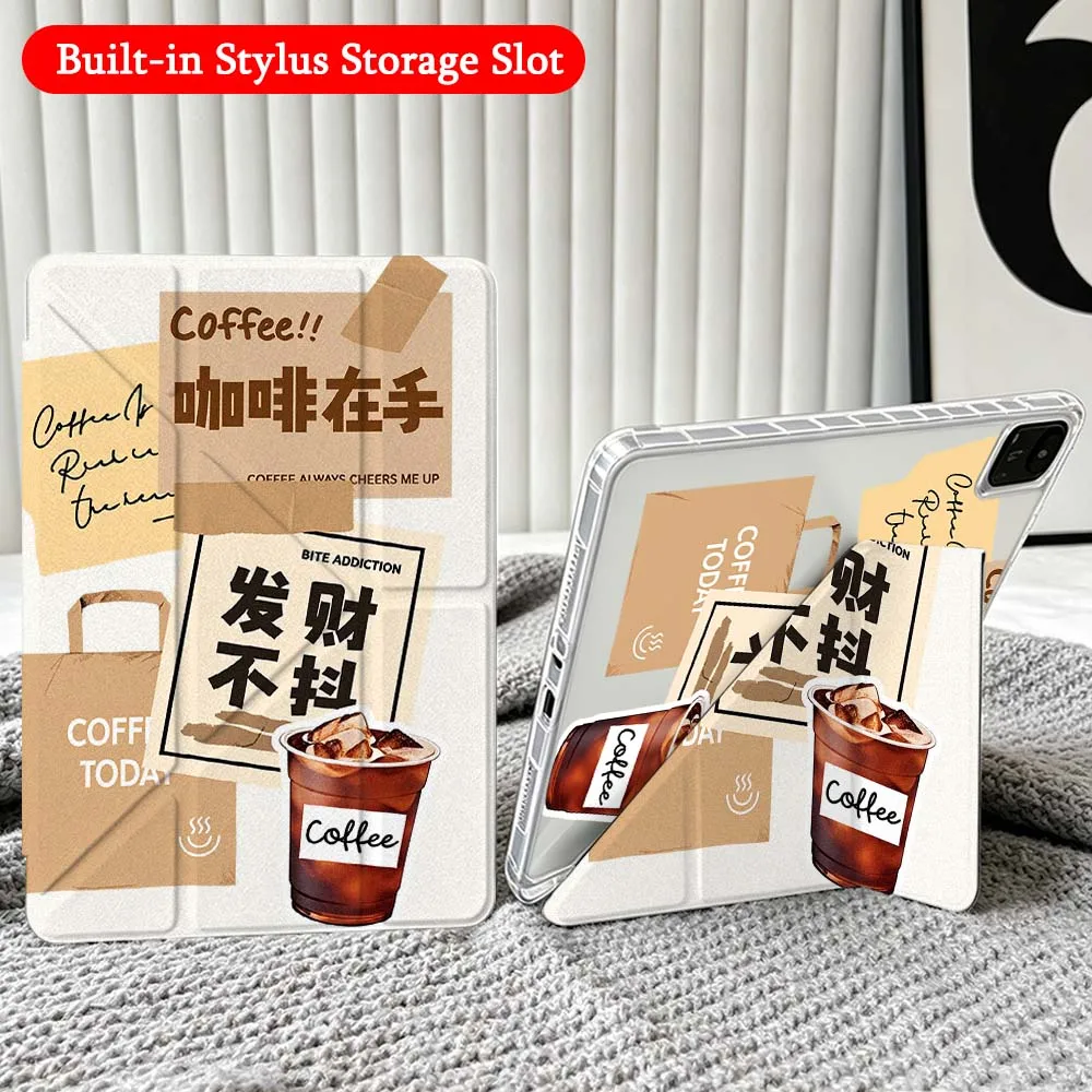 Coffee Beans Cup For Xiaomi Redmi Poco Pad 5 6 7 8 Pro SE 11 11.2 12.1 Inch Transparent Y-Shaped Folding Tablet Case