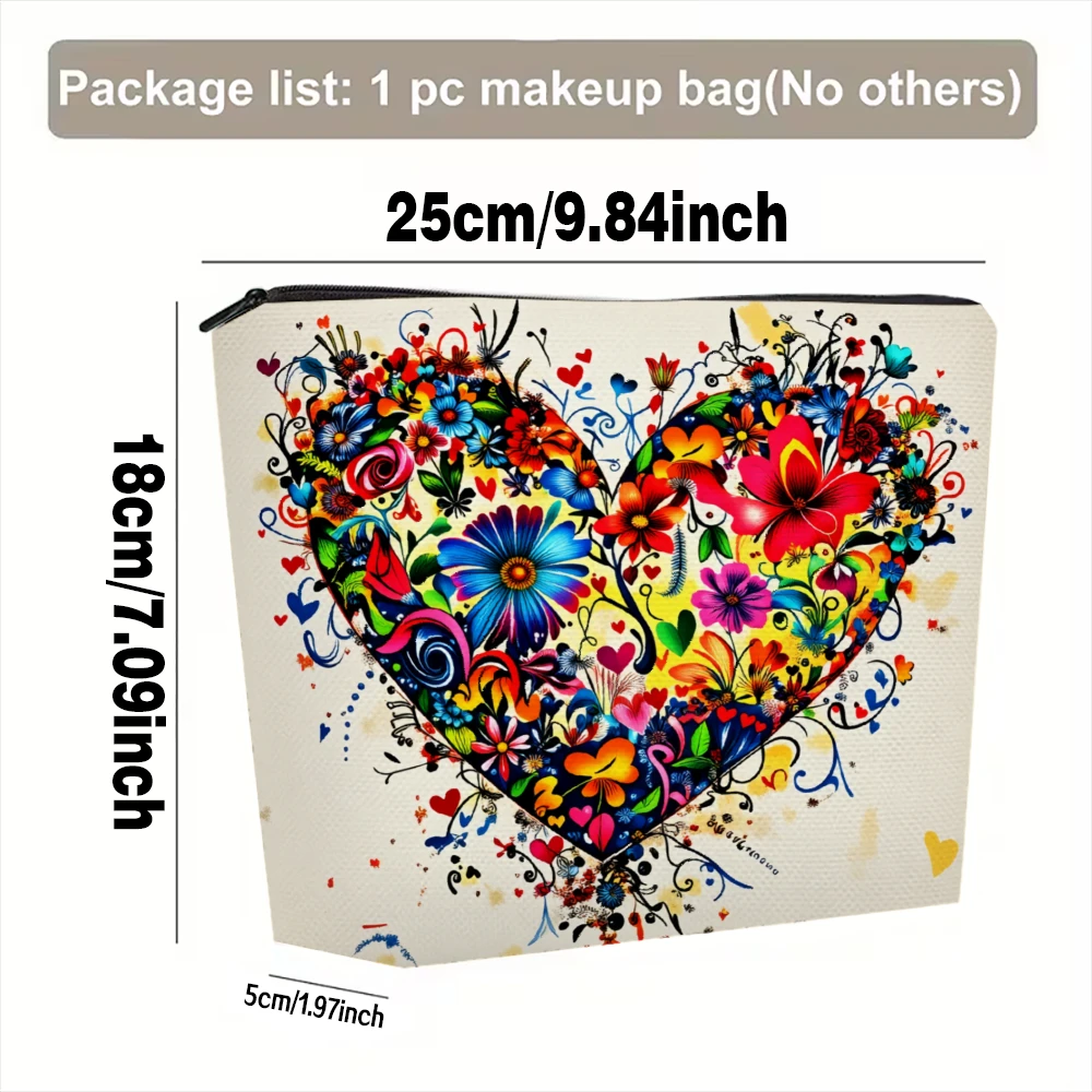 Colorful Floral Heart Design Pattern Makeup Bags for Girls Cosmetic Pouch Toiletry Bag Pencil Case Travel Storage