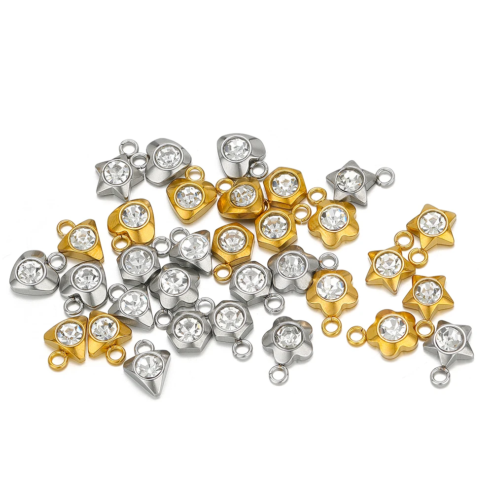 20pcs Stainless Steel Flower Heart Crystal Stone Charms Earrings Pendants Star Beads DIY Jewelry Bracelets Findings Wholesale