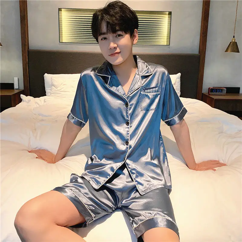 Multiple colors available for ice silk pajamas men\'s short sleeved shorts thin summer solid color sleepwear big size home suit