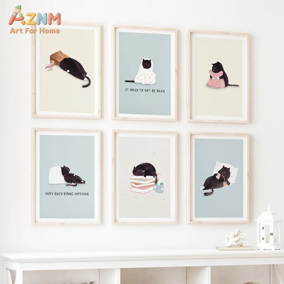AZNM Frameless Canvas Wall Art, Cute Lazy Black Cat Watercolor Print, Soft Pastel Positive Mental Health Quote Kitten Illustrati