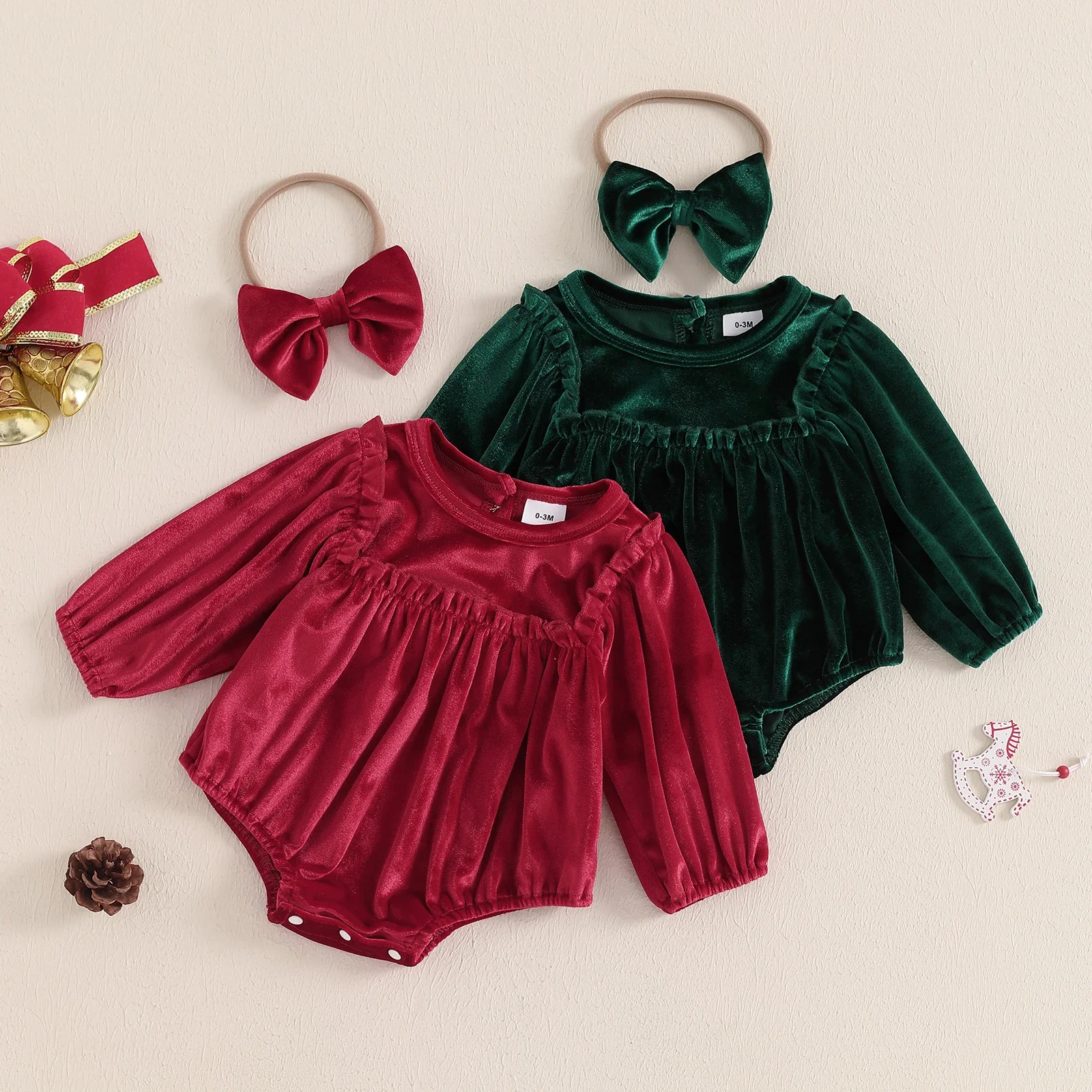 

Baby Girls Corduroy Romper Christmas Clothes Solid Color Round Neck Long Sleeve Velvet Bodysuits with Headband Clothes