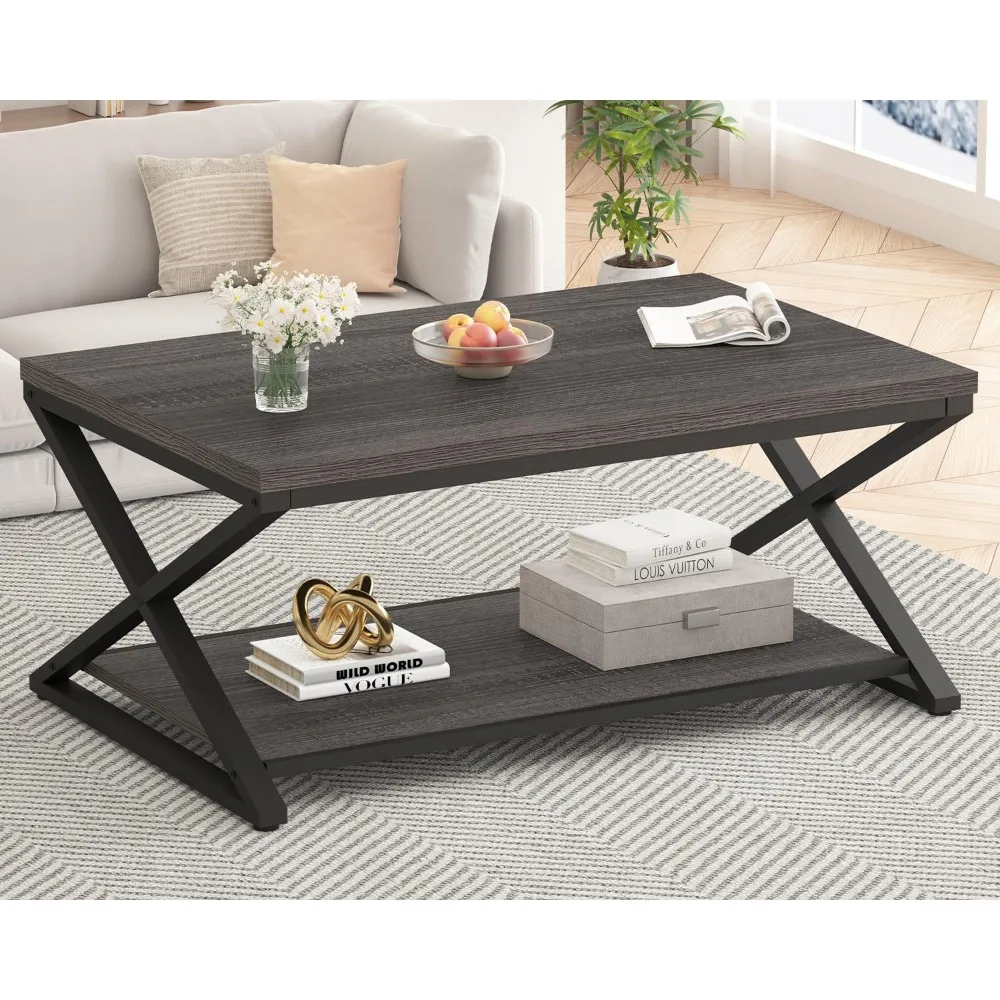 Coffee Table Modern Center Table for Living Room with Display Shelf, Simple Metal Wooden Rectangle Cocktail Tea Café Table
