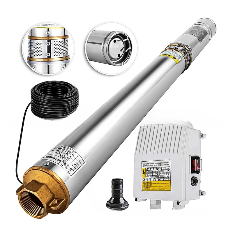 For4 Inch 0.75KW Deep Well Pump 1HP 6500L/H Submersible Pump + 20M Cable + Contrl Box for Garden Home Agricultural Irrigation