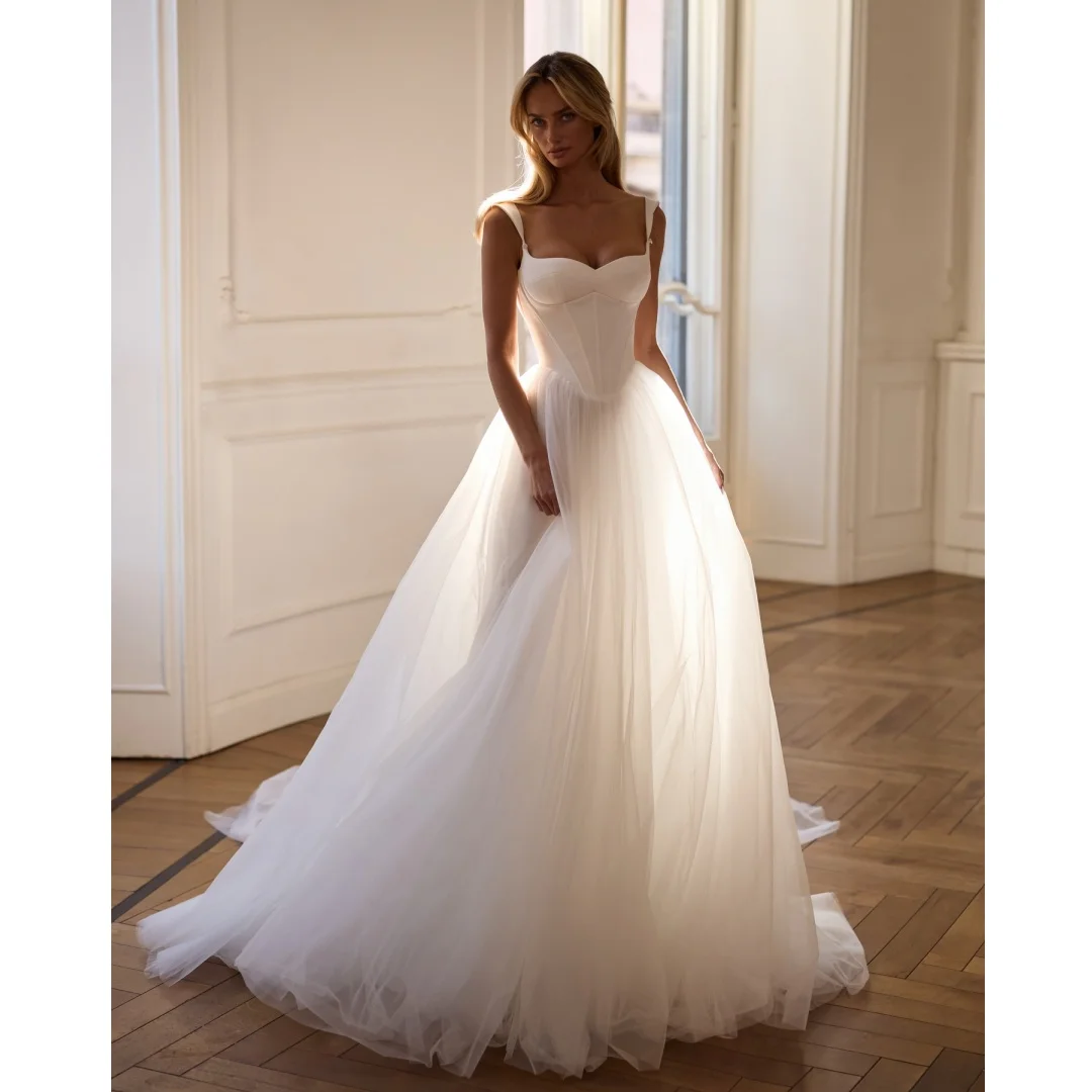 

White Tulle Wedding Dresses Sweetheart Satin Corset Bridal Gown Lace Up Fairy robe de mariée Customized