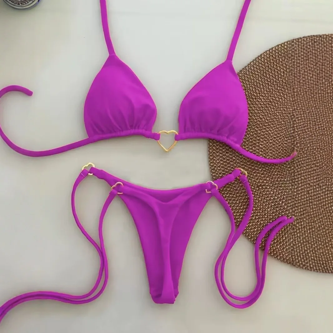 2025 novo europeu e americano amor pescoço reunindo biquíni brasileiro sexy fivela de metal cor sólida dividir maiô transfronteiriço