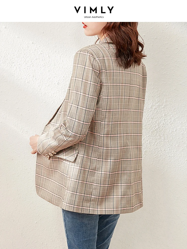 VIMLY Elegant Plaid Blazer for Women 2024 Spring Fashion Notched Double-breasted Jacket Ladies Suit Coat Female Clothes F6208